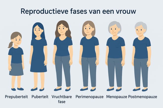 Illustratie van de reproductieve fases van een vrouw: van prepuberteit tot postmenopauze. Zes levenstadia