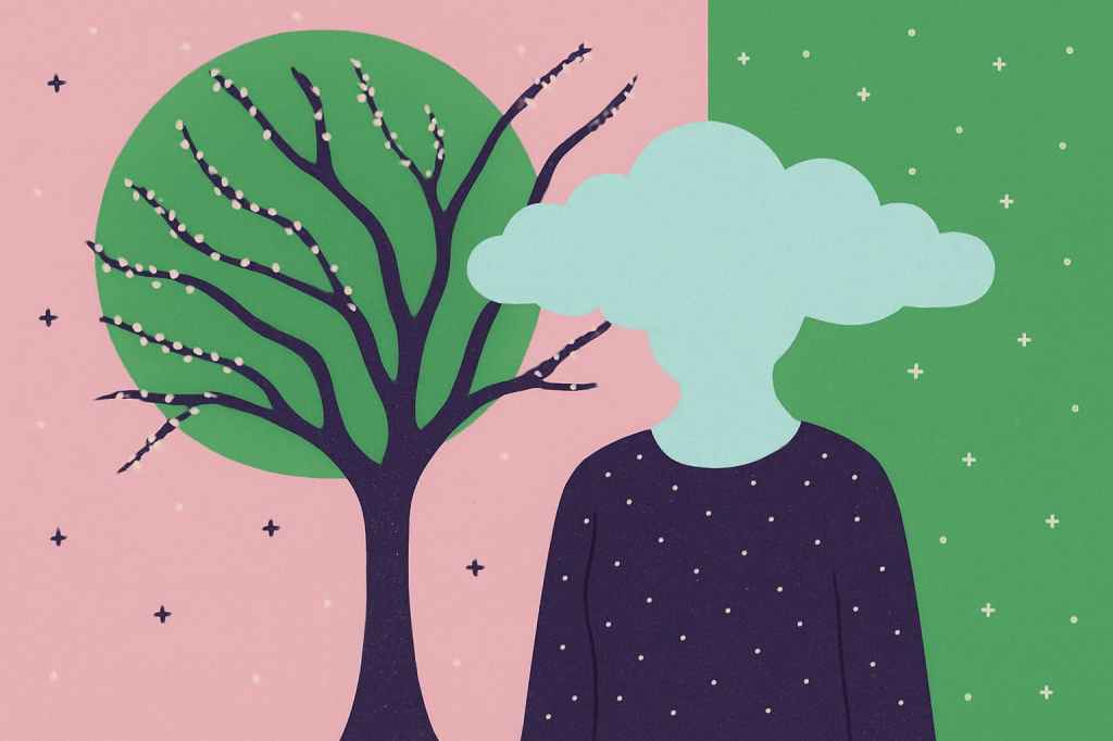 Kleurige afbeelding van vrouw met hoofd in wolk en boom op achtergrond. Dominante kleuren zijn groen, roze en diepblauw