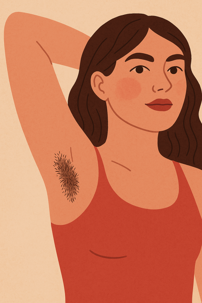 Tekening in diverse bruintinten van een vrouw die haar behaarde oksel toont.